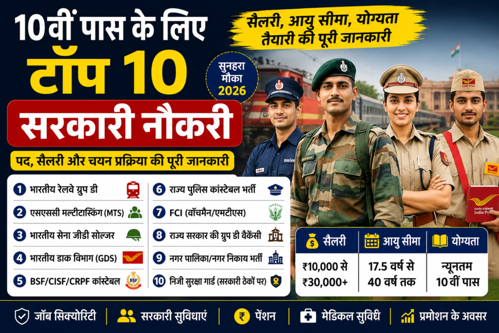 Top 8 Goverment Job After 10th 2026 10th pass government job, 10वीं पास सरकारी नौकरी, railway group d, ssc mts vacancy, indian army gd, post office gds, ssc gd constable, state police bharti, fci recruitment, government jobs after 10th, latest govt jobs, railway vacancy, indian army vacancy, police constable bharti, gds recruitment, सरकारी नौकरी 2026, 10वीं के बाद नौकरी, govt jobs hindi, railway jobs hindi, sarkari naukari Focus Keywords 10वीं पास सरकारी नौकरी, Top 10 Government Job, Railway Group D, SSC MTS, Indian Army GD, Post Office GDS, SSC GD Constable, Police Constable Bharti